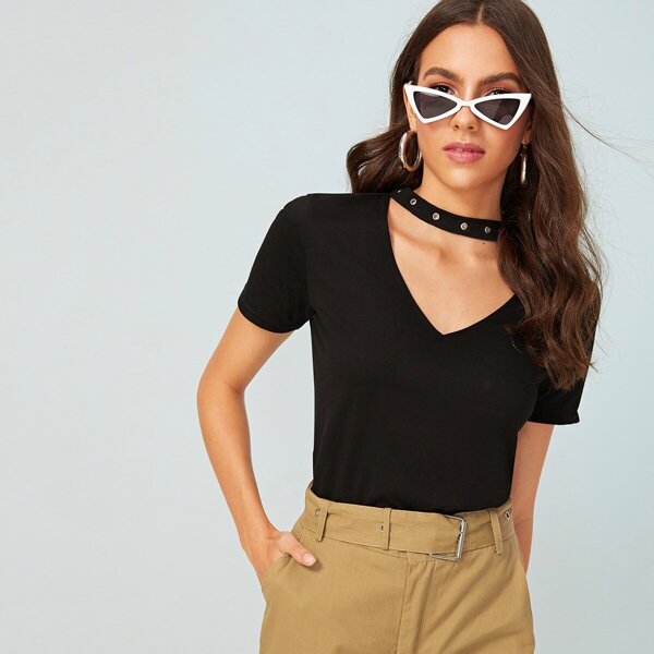 

Grommet Choker Neck Tee