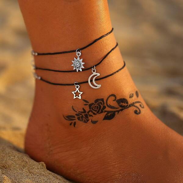 Star & Moon Pendant Anklet 3pack, Black