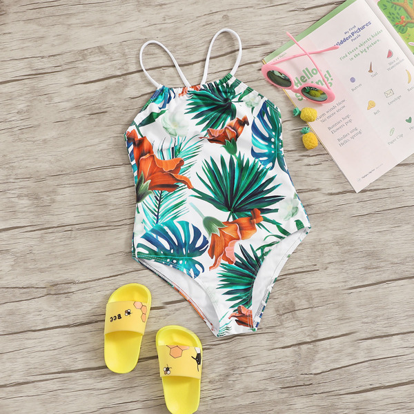 

Girls Tropical Criss Cross One Piece Swim, Multicolor