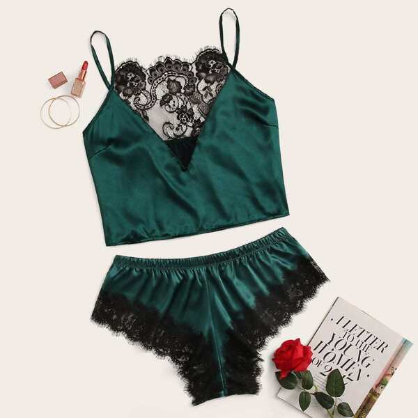 

Plus Contrast Lace Satin Cami Top With Panty
