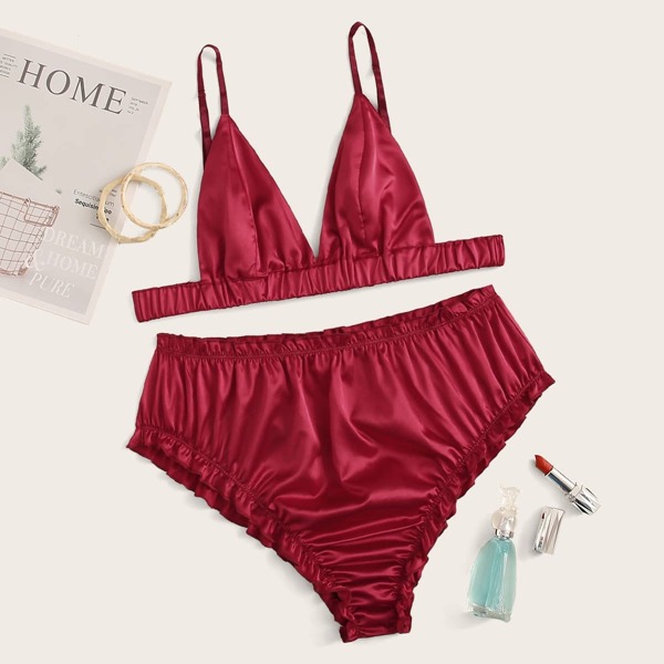

Plus Frill Trim Satin Lingerie Set, Red