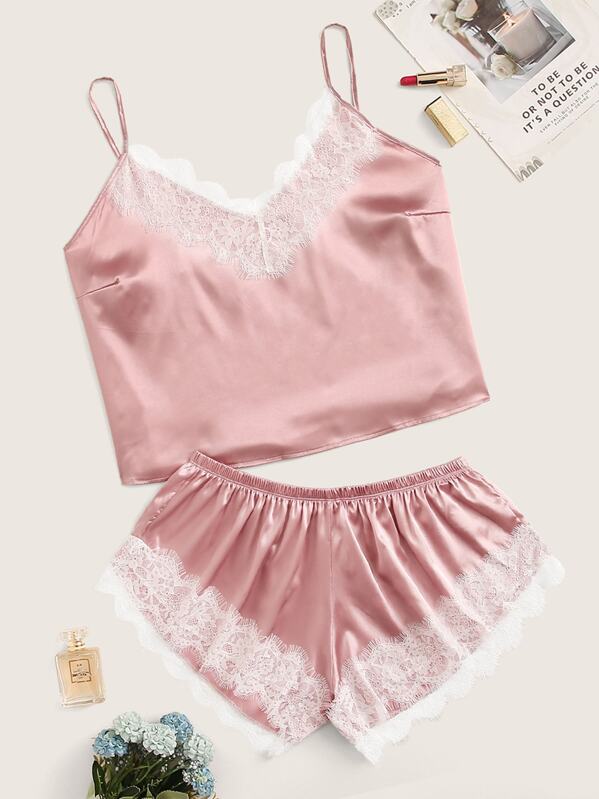 

Plus Lace Trim Satin Cami Top With Panty, Pink