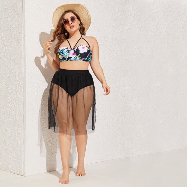 

Plus Bustier Top & Panty & Skirt Bikini 3pcs, Black