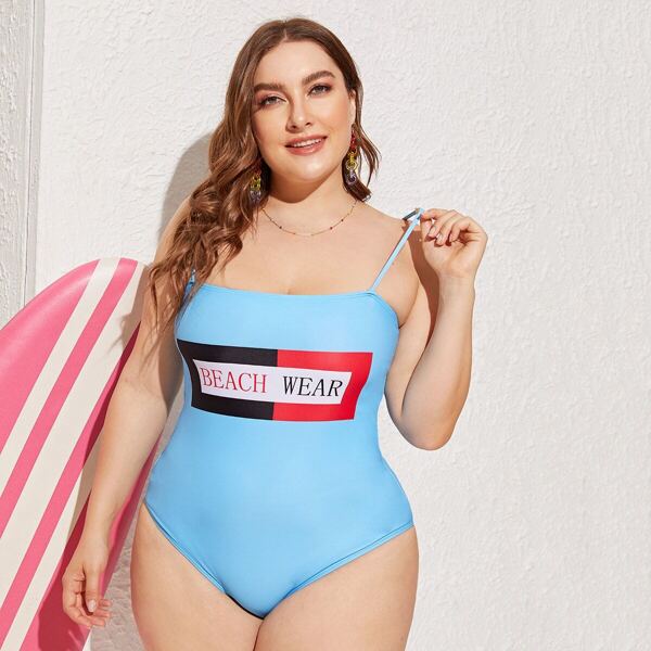 

Plus Letter Print One Piece Swimwear, Blue