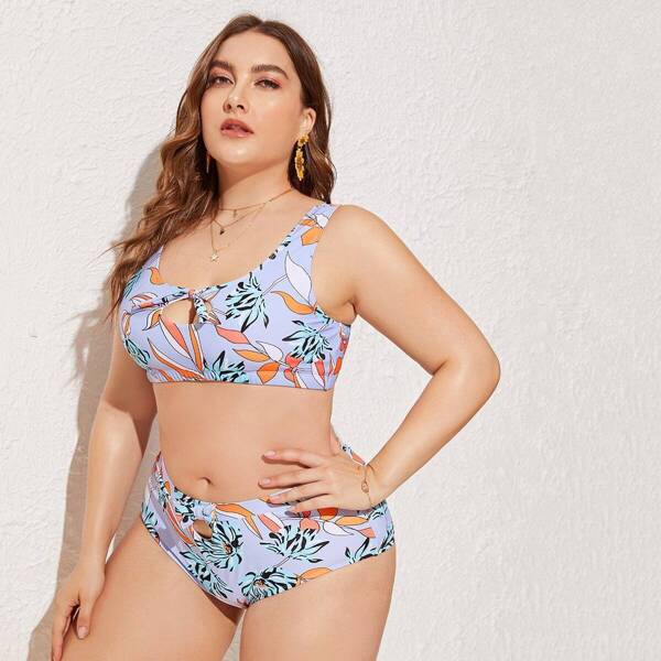 

Plus Floral Keyhole Top With High Waist Bikini, Purple pastel