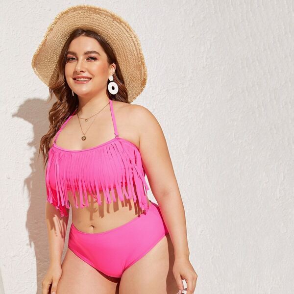 

Neon Pink Fringe Top With High Waist Bikini
