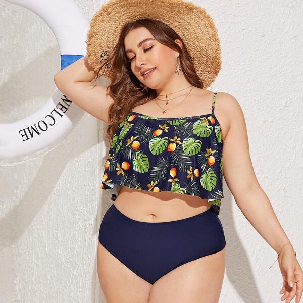 

Plus Tropical Floaty Top With High Waist Bikini, Navy