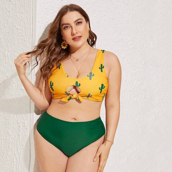 

Plus Cactus Print Top With High Waist Bikini, Multicolor