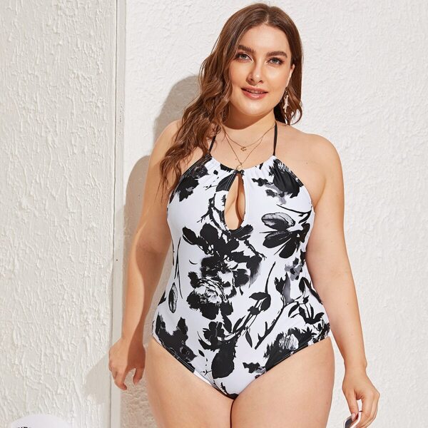 

Plus Ink Drawing Drawstring Keyhole One Piece Swim, Black and white