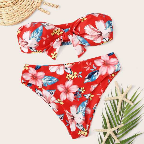 

Random Floral Knot Bandeau With High Waist Bikini
