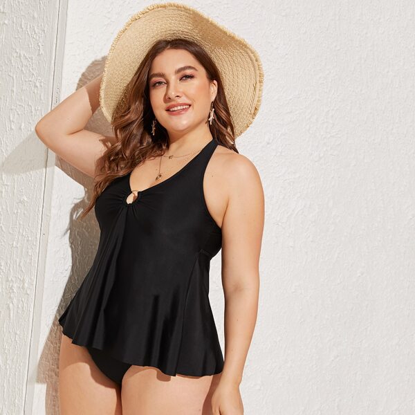 

Plus O-ring Halter Top With High Waist Tankini, Black