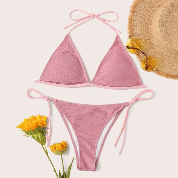 

Glitter Triangle Top With Tie Side Bikini Set, Pink