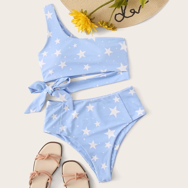 

Star Print One Shoulder Top With High Waist Bikini