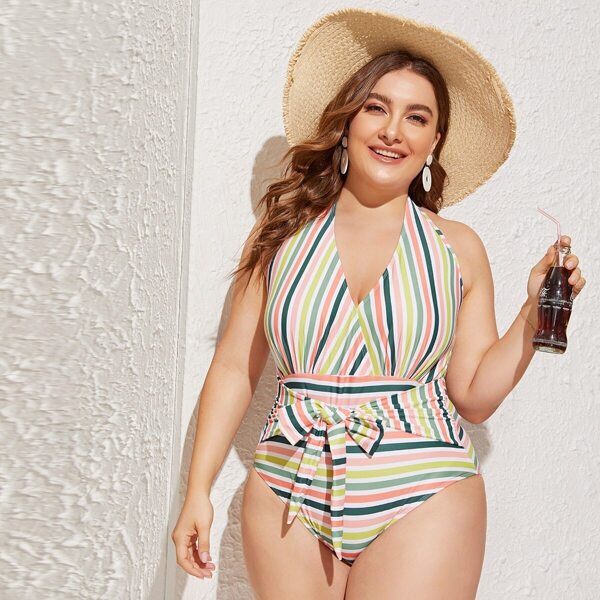 

Plus Striped Tie Front Ruched One Piece Swim, Multicolor