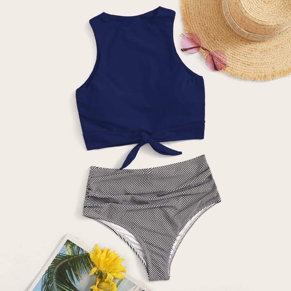 

Knot Hem Top With Striped Bikini Set