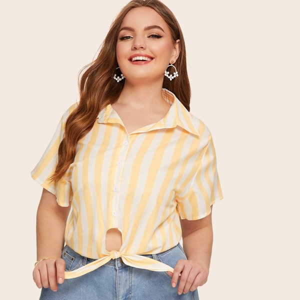 

Plus Striped Knot Hem Blouse