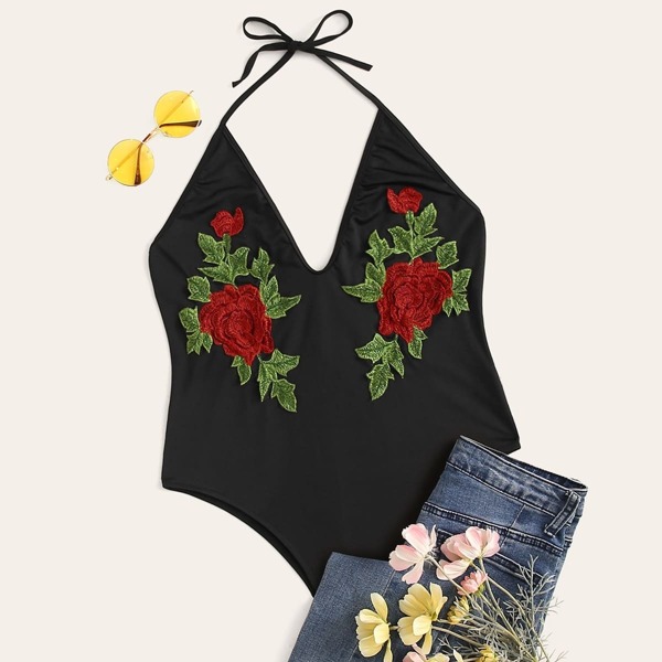 

Plus Embroidery Tie Back Halter Bodysuit