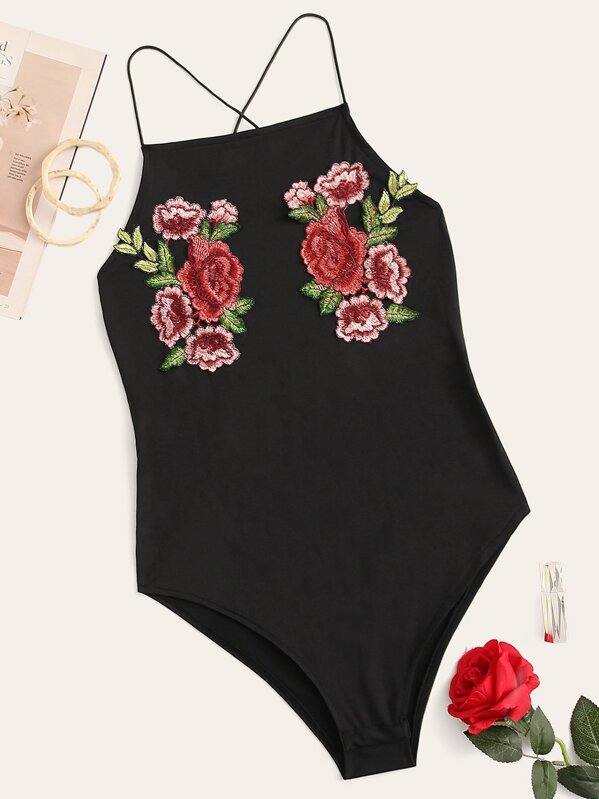 

Plus Floral Appliques Criss Cross Bodysuit, Black