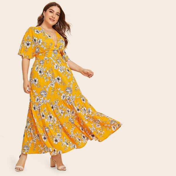 

Plus Deep V neck Floral Print Ruffle Hem Dress, Yellow