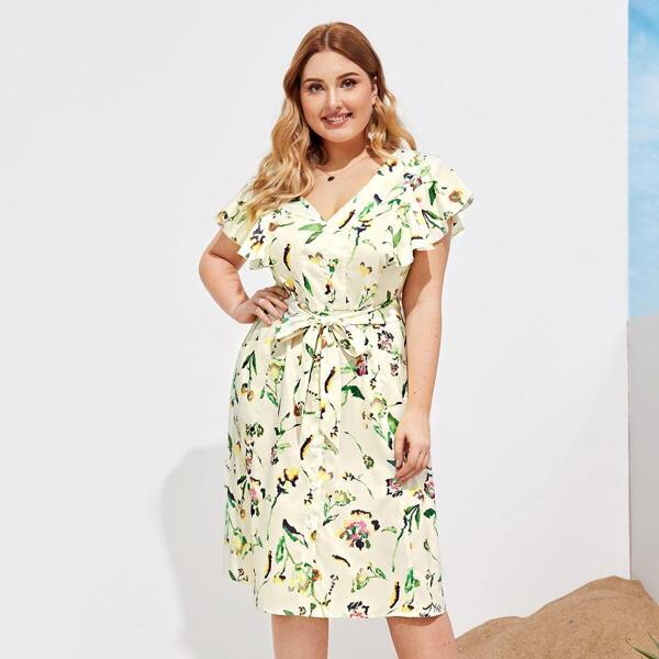 

Plus Button Front Butterfly Sleeve Belted Floral Print Dress, Multicolor