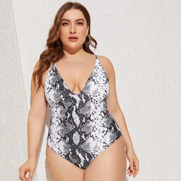 

Plus Snakeskin Print Low Back One Piece Swimsuit, Multicolor
