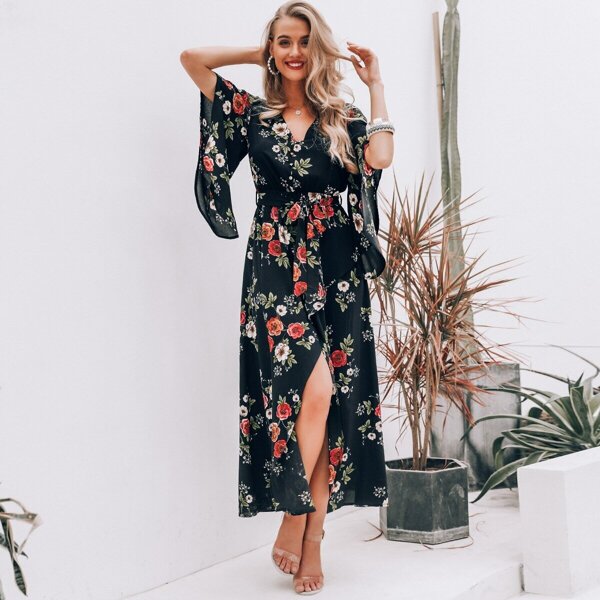 

Simplee Floral Print Flounce Sleeve Wrap Belted Dress, Navy