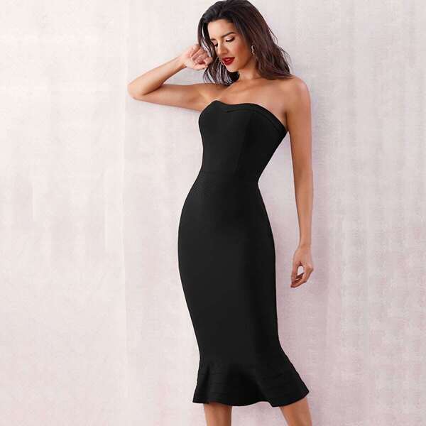 

Adyce Zip Back Fishtail Hem Bandage Tube Dress, Black
