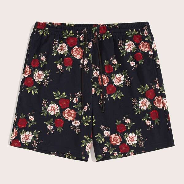 

Men Drawstring Waist Floral Print Shorts