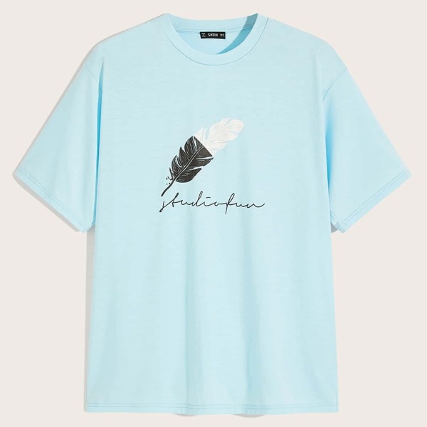 

Men Feather & Letter Graphic Round Neck Top, Pastel mint blue