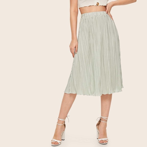 

High Waist Lettuce Trim Pleated Skirt, Grey