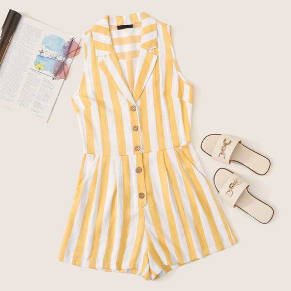 

Button Front Notched Neck Striped Sleeveless Romper, Yellow pastel