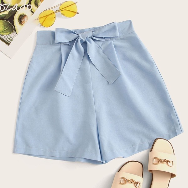 

Zipper Fly Tie Front Wide Leg Shorts, Blue pastel