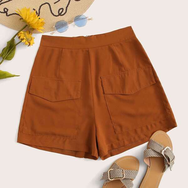 

Zip Back Flap Pocket Solid Shorts