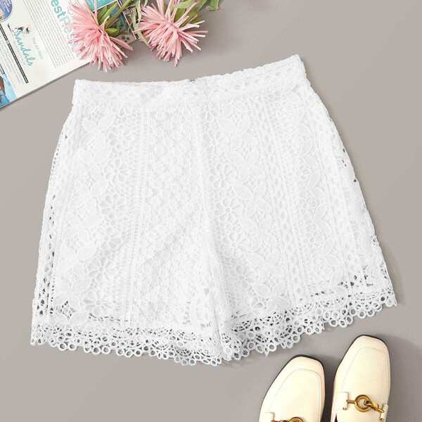 

Zip Back Guipure Lace Straight Leg Shorts, White