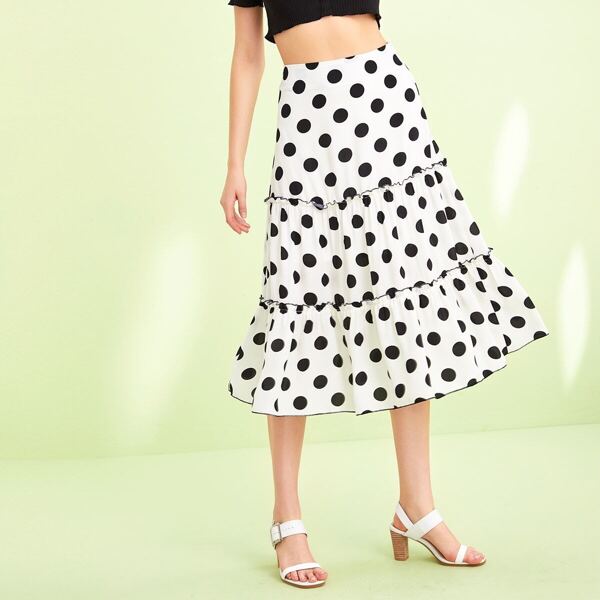

Wideband Waist Lettuce Trim Polka Dot Skirt