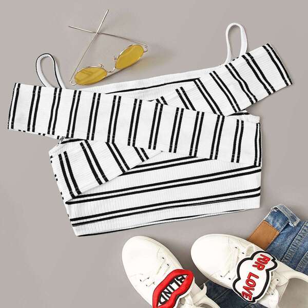

Cold Shoulder Cross Wrap Rib-knit Crop Top, White