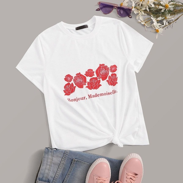 

Rose And Slogan Print Tee