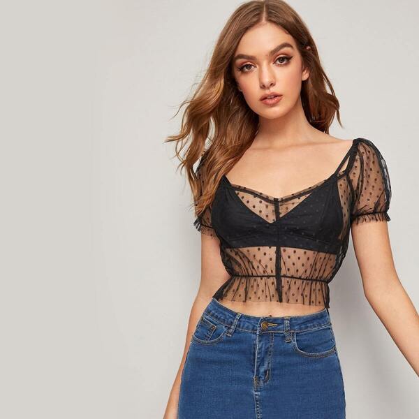 

Ruffle Trim Sheer Dobby Mesh Crop Top Without Bra