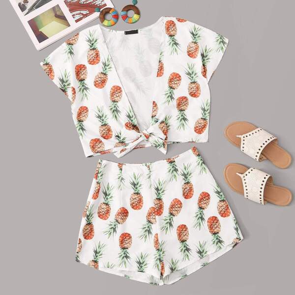 Pineapple Print Knotted Top & Shorts Set
