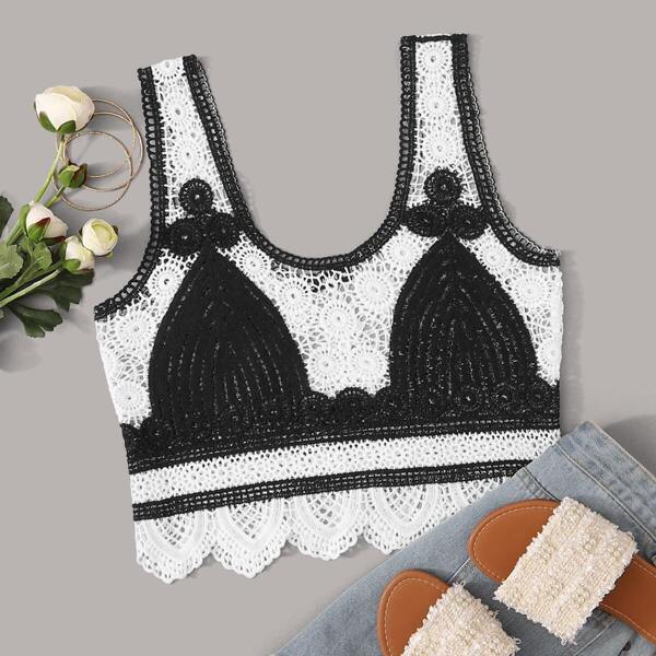 

Color-block Guipure Lace Crop Cover Up, Black and white