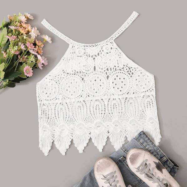 

Solid Guipure Lace Crop Cover Up