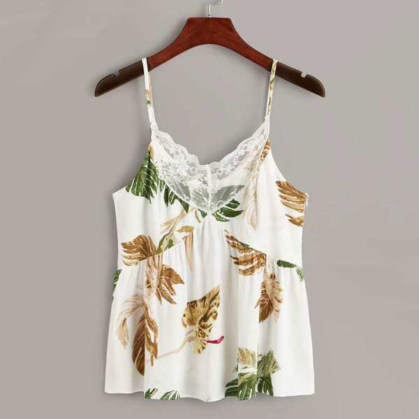 

Jungle Leaf Lace Insert Bustier Cami Top, Multicolor
