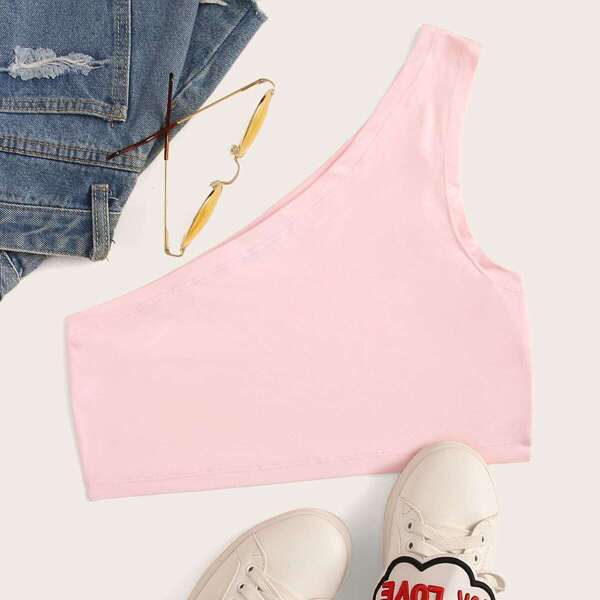 

One Shoulder Solid Fitted Crop Top