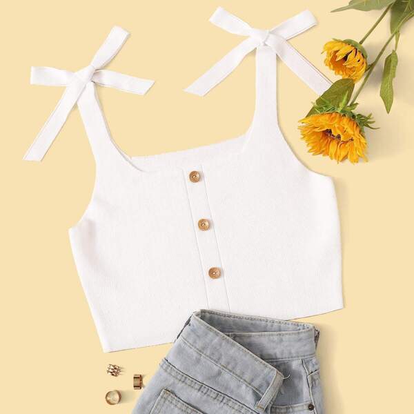 

Tie Shoulder Button Front Rib-knit Top