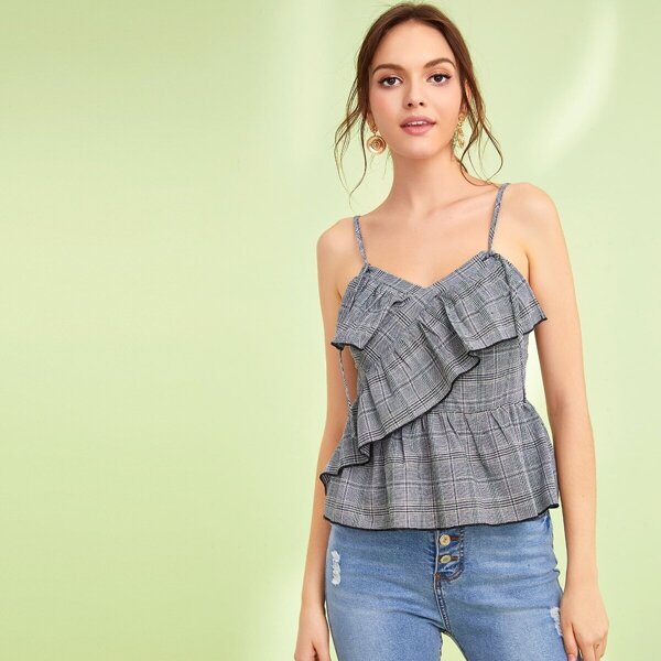 

Plaid Print Ruffle Trim Cami Top, Grey