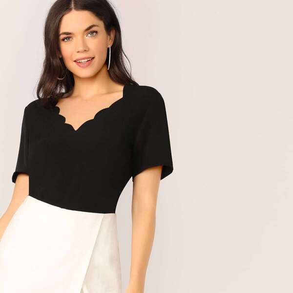 

V-neck Scallop Edge Top, Black
