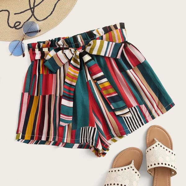 

Paperbag Waist Striped Patchwork Belted Shorts