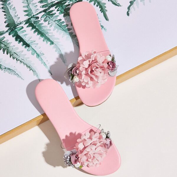

Floral Applique Flat Sliders, Pink