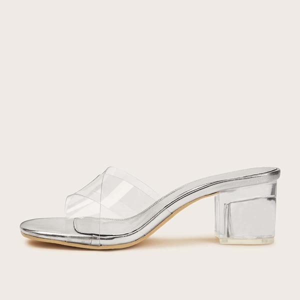 

Clear Cross Strap Chunky Heels, Silver