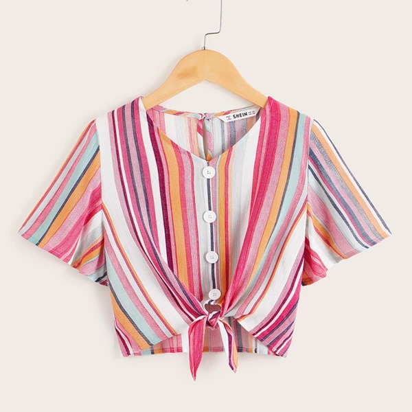 

Girls Button Front Colorful Striped Tie Hem Blouse